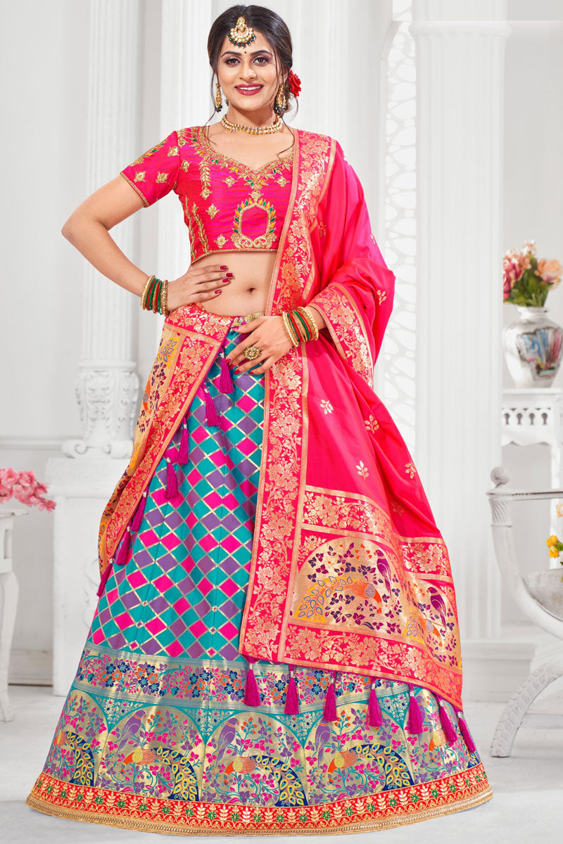 Cyan Color Engrossing Sangeet Wear Embroidered Work Silk Lehenga