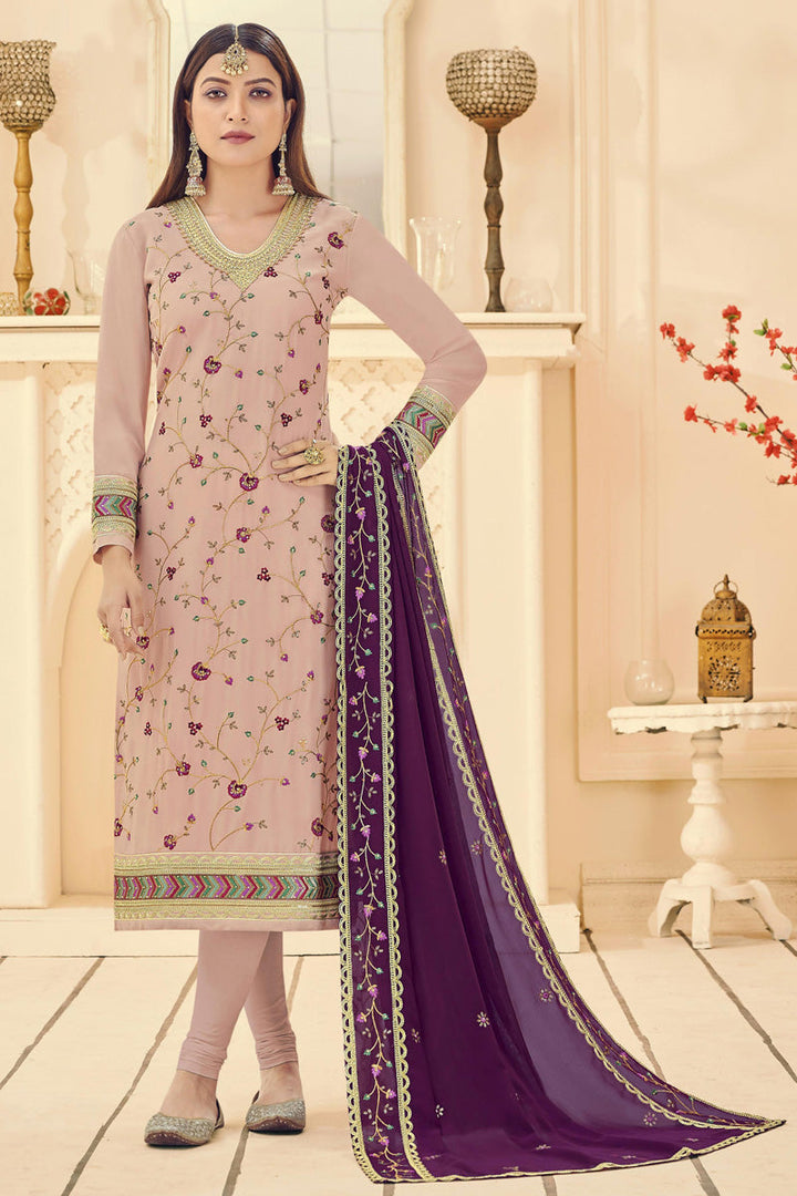 Peach Color Inventive Georgette Salwar Suit With Contrast Dupatta