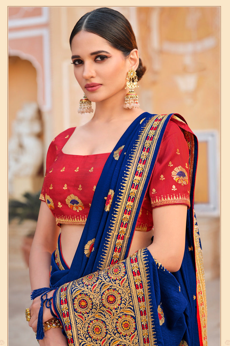 Blue Color Riveting Art Silk Saree With Embroidered Work