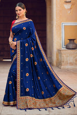 Load image into Gallery viewer, Blue Color Riveting Art Silk Saree With Embroidered Work
