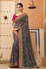 Load image into Gallery viewer, Embroidered Work On Grey Color Princely Art Silk Saree
