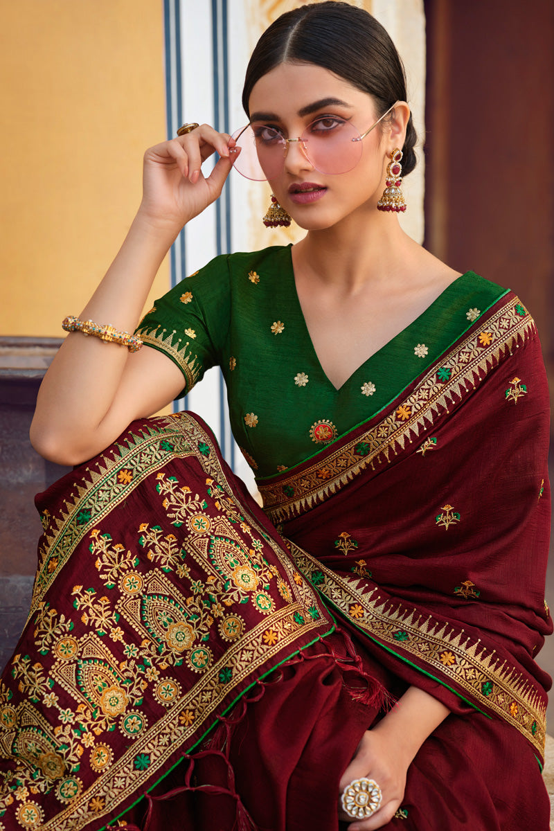 Brown Color Patterned Art Silk Saree With Embroidered Work