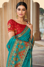 Load image into Gallery viewer, Cyan Color Engaging Art Silk Saree With Embroidered Work
