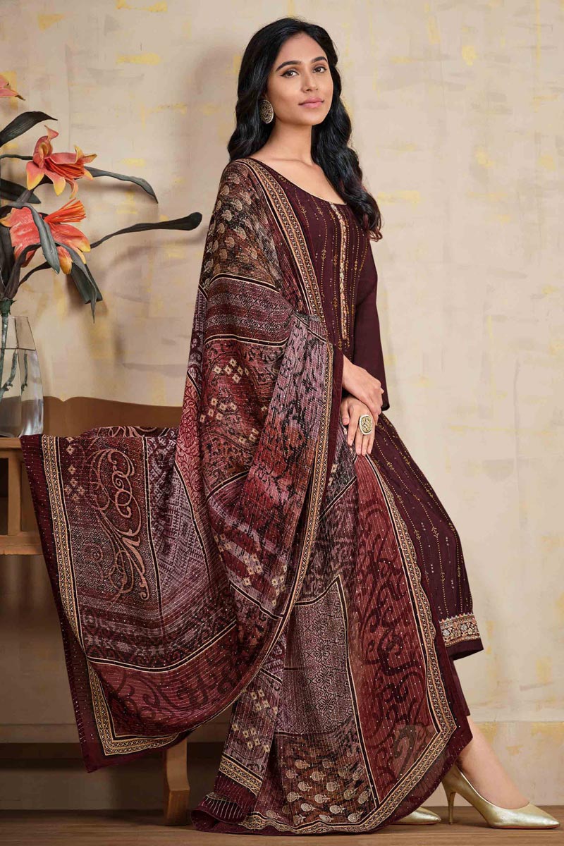 Chinon Fabric Maroon Color Extravagant Stone Work Party Wear Salwar Suit