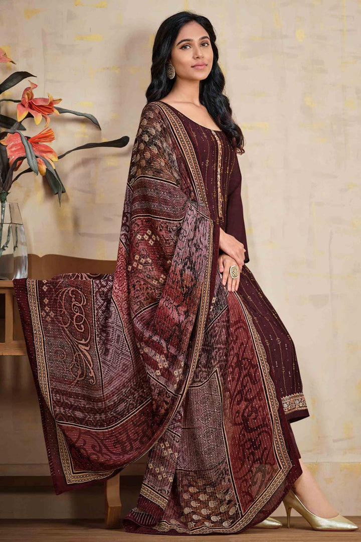 Chinon Fabric Maroon Color Extravagant Stone Work Party Wear Salwar Suit
