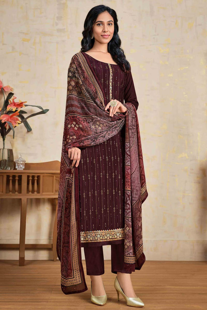 Chinon Fabric Maroon Color Extravagant Stone Work Party Wear Salwar Suit
