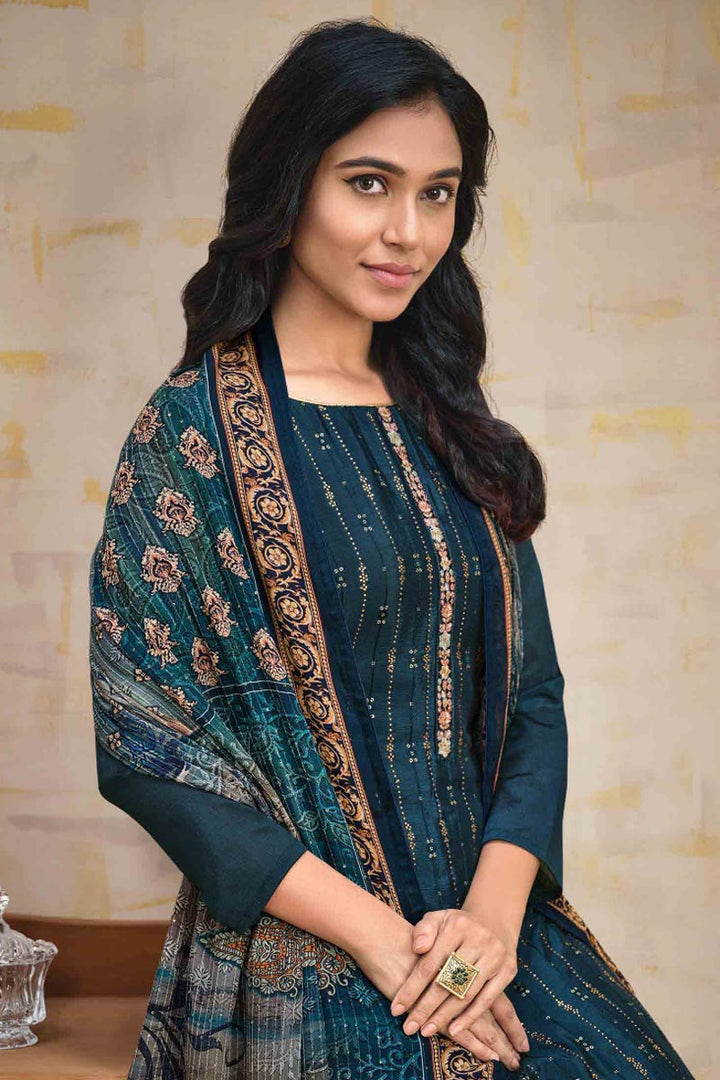 Majestic Stone Work On Chinon Fabric Teal Color Party Wear Salwar Suit