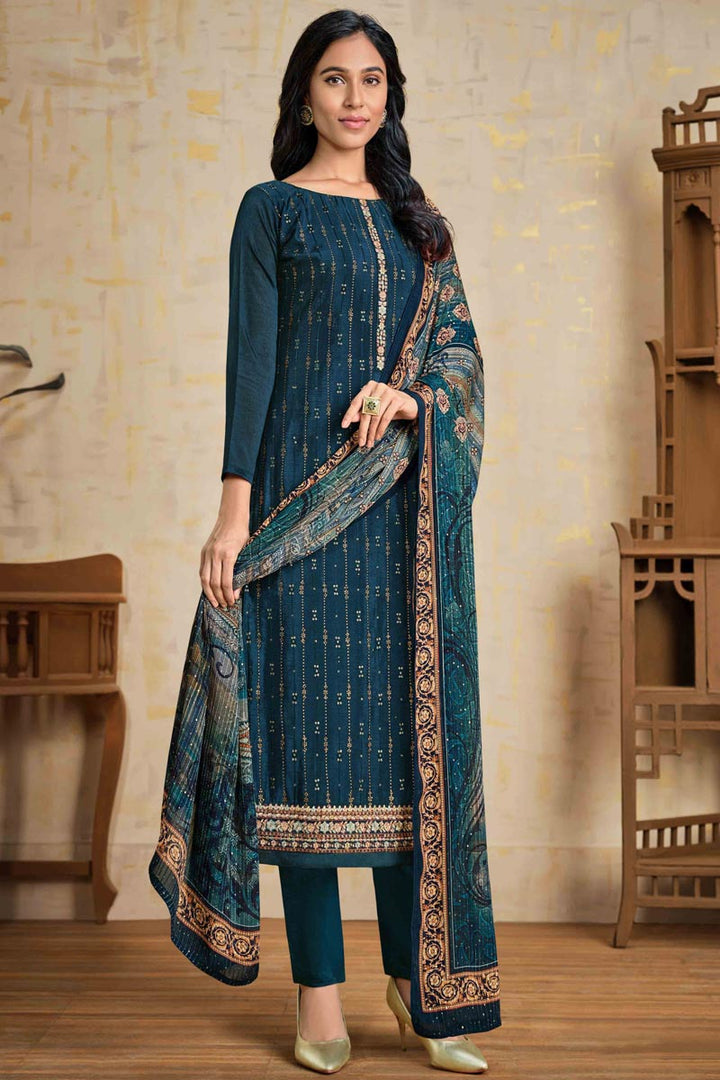 Majestic Stone Work On Chinon Fabric Teal Color Party Wear Salwar Suit