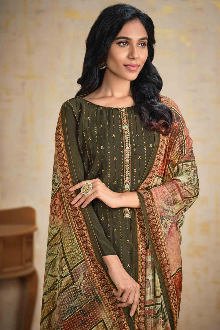 Mehendi Green Color Chinon Fabric Party Wear Salwar Suit With Ravishing Stone Work