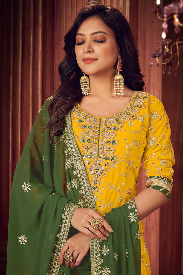 Yellow Color Georgette Fabric Function Wear Embroidered Palazzo Suit