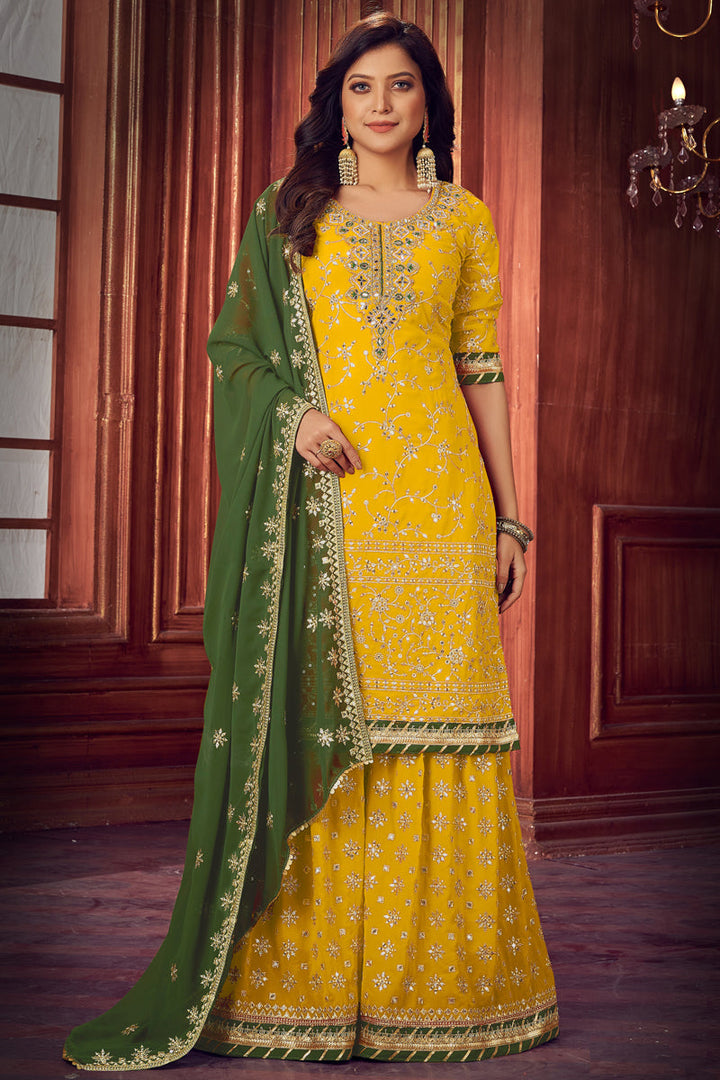 Yellow Color Georgette Fabric Function Wear Embroidered Palazzo Suit