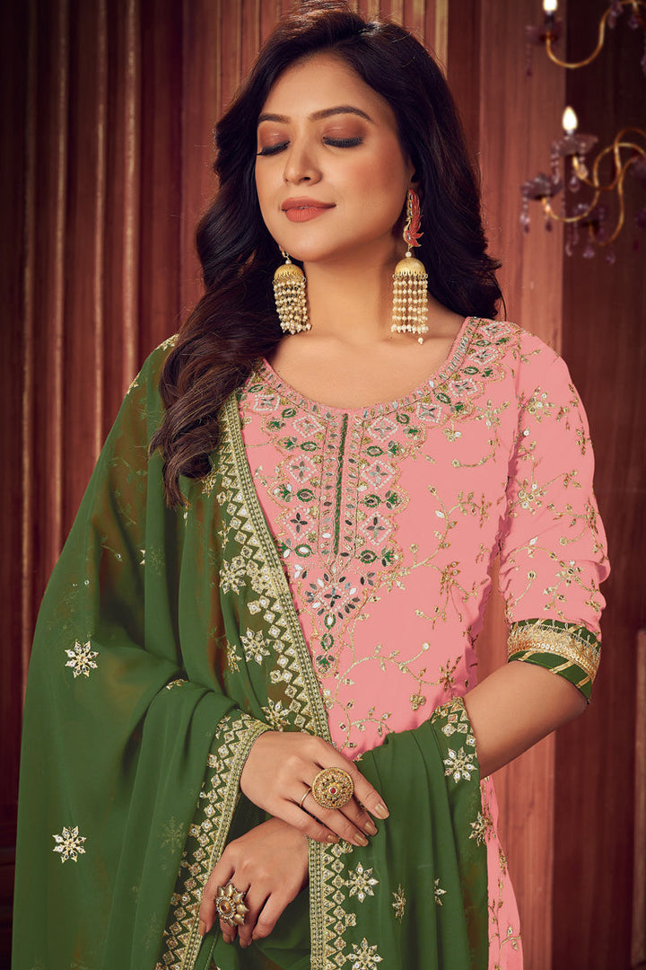 Georgette Fabric Embroidered Function Wear Palazzo Suit In Pink Color