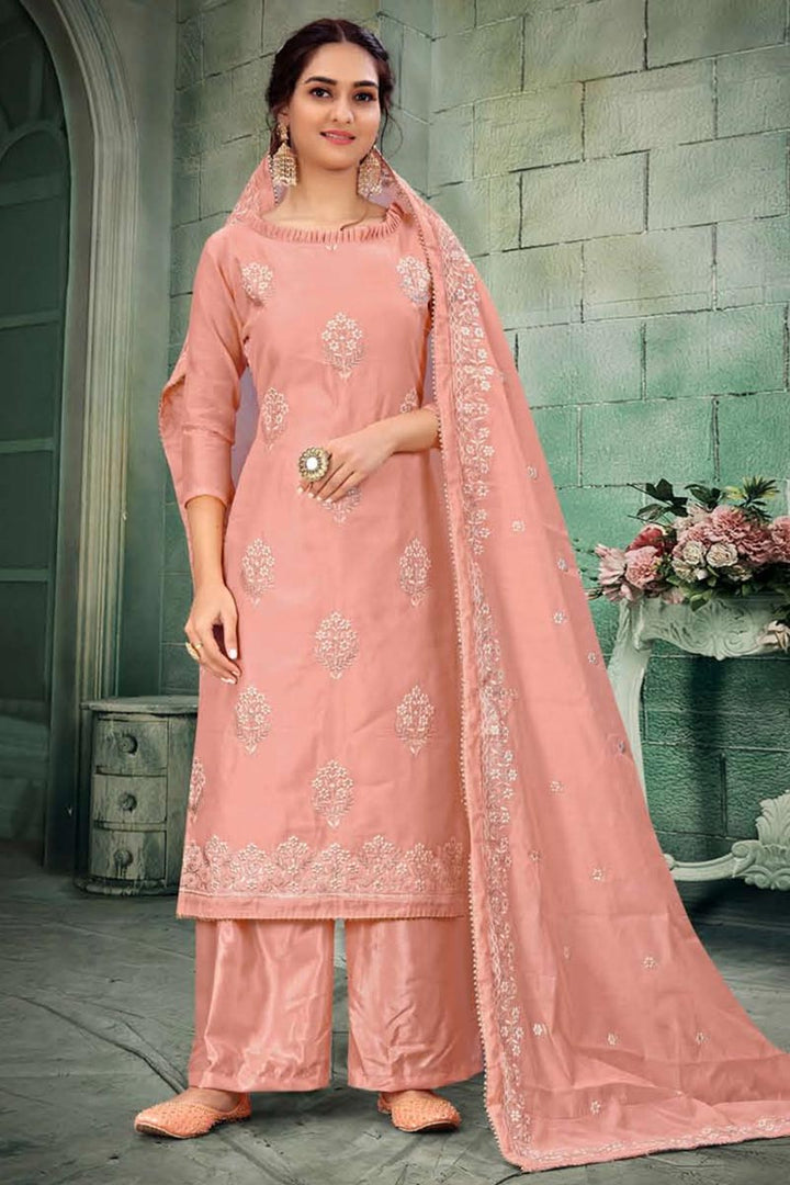 Pink Color Chanderi Fabric Function Wear Embroidered Palazzo Suit