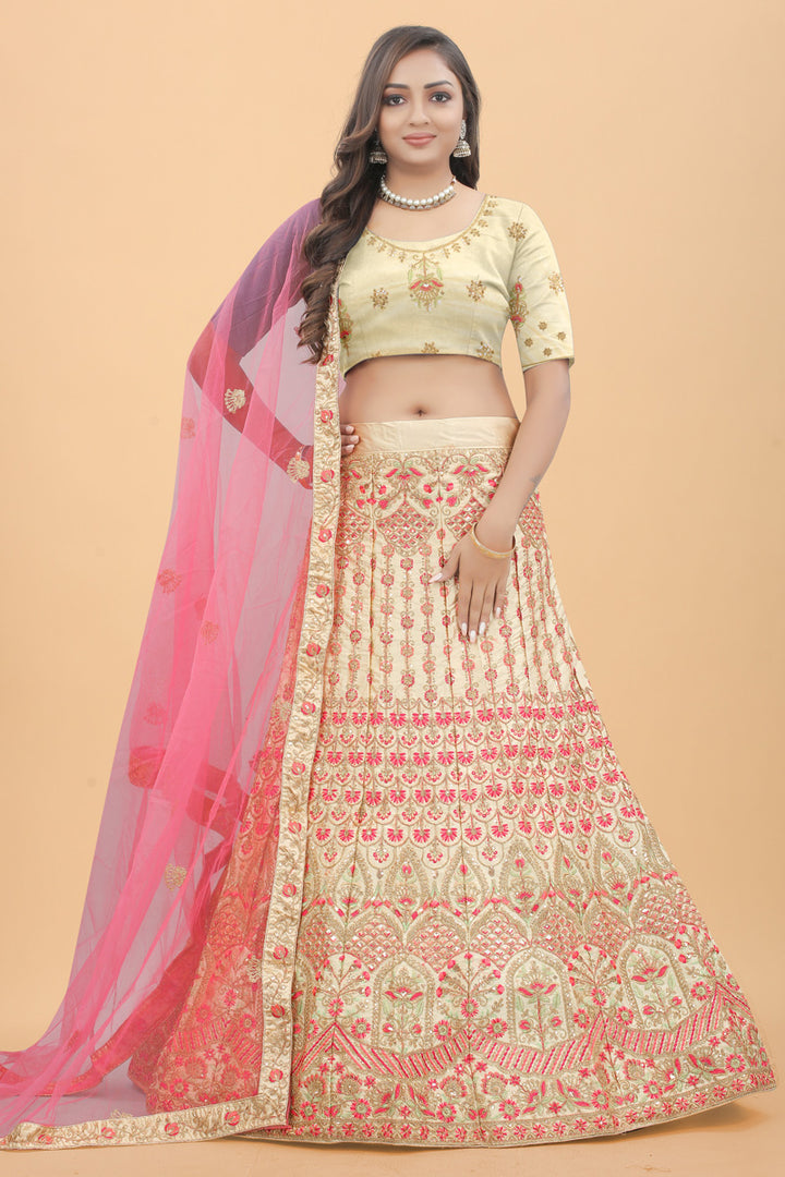 Cream Color Satin Silk Fabric Sangeet Wear Wear Alluring Lehenga