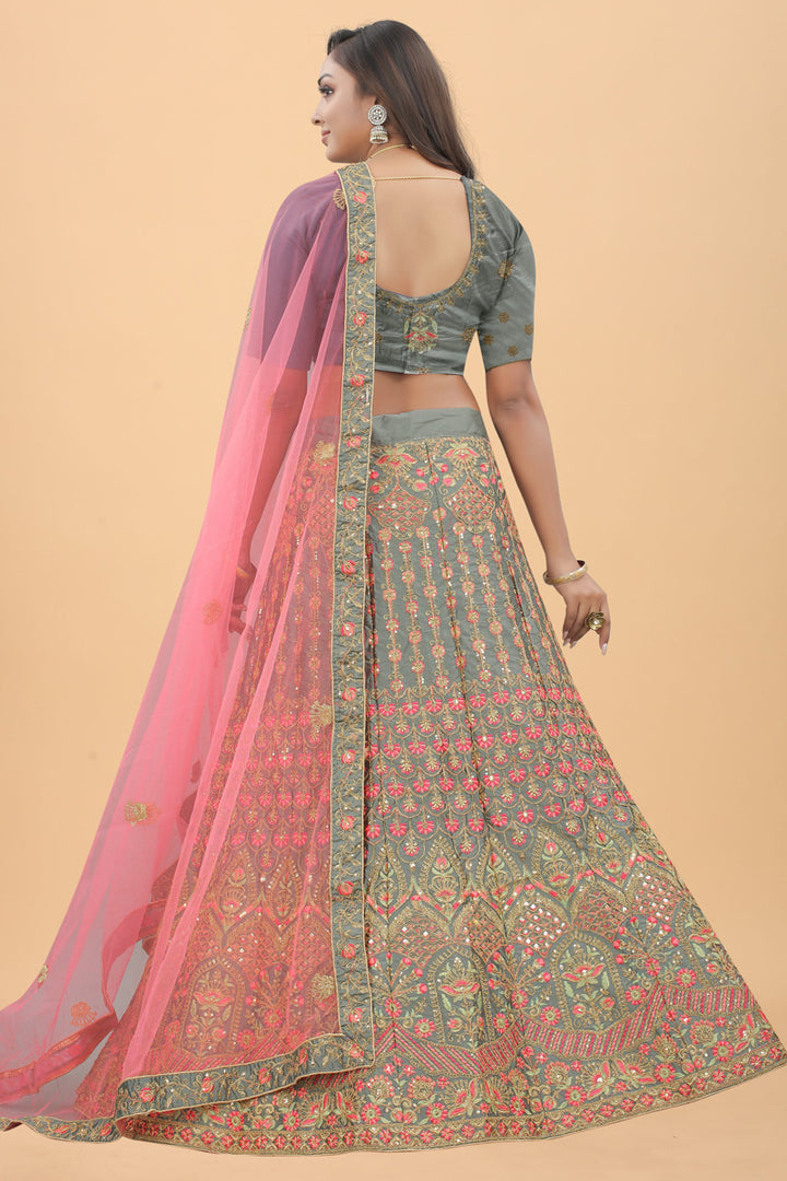 Satin Silk Fabric Sangeet Wear Wear Grey Color Engaging Lehenga