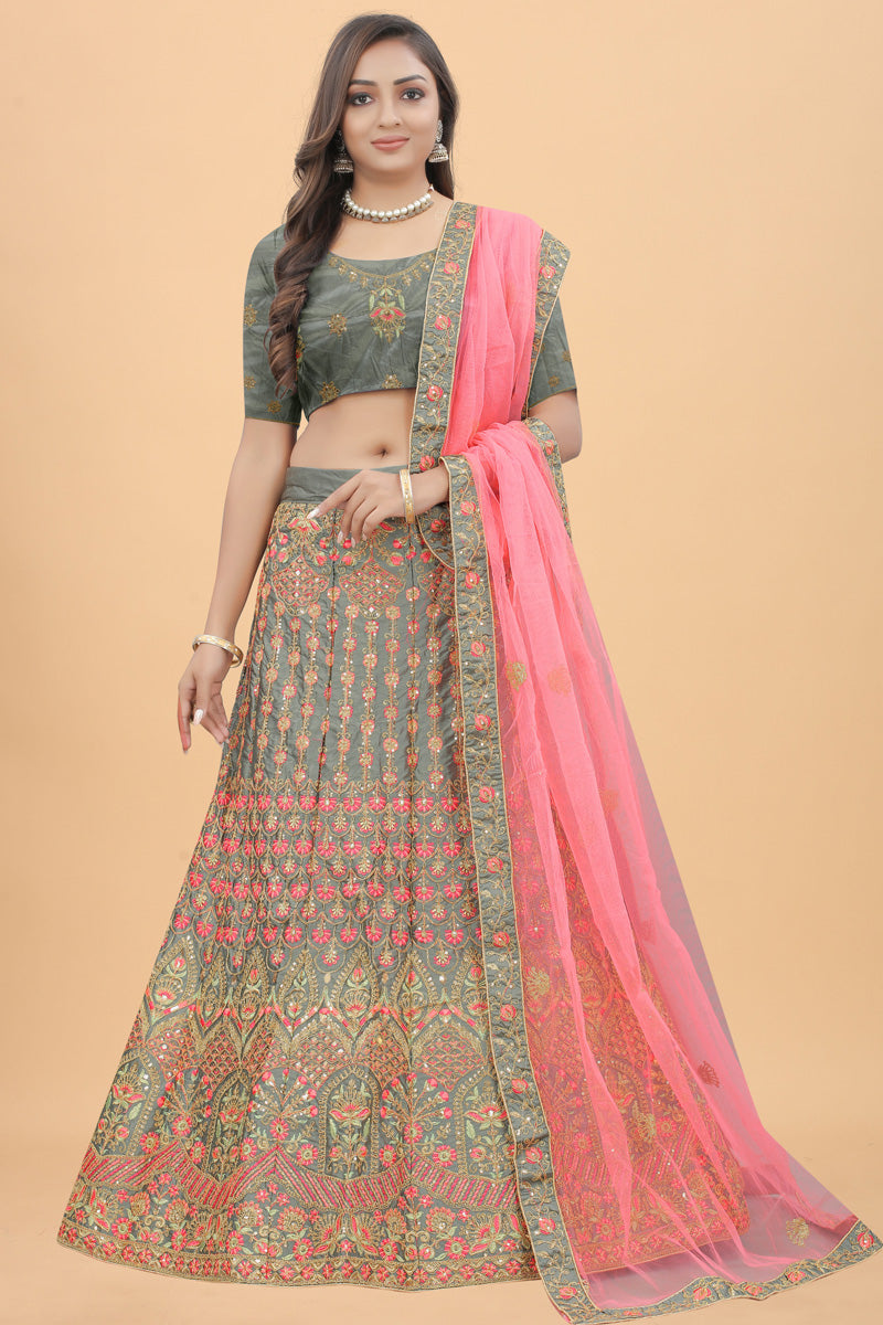 Satin Silk Fabric Sangeet Wear Wear Grey Color Engaging Lehenga