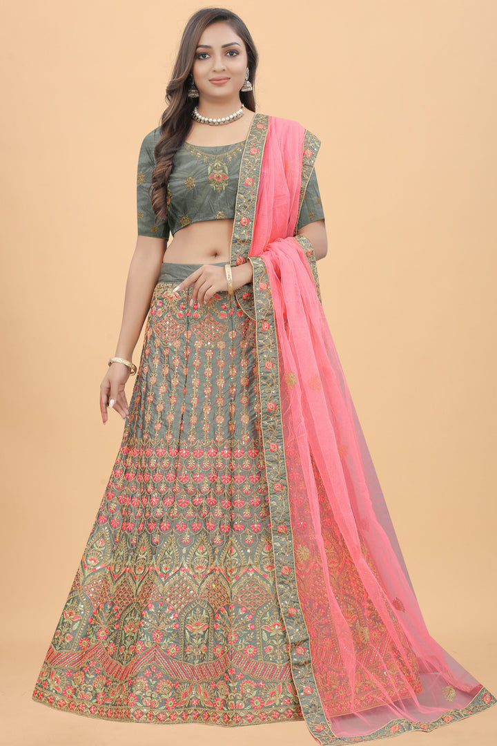 Satin Silk Fabric Sangeet Wear Wear Grey Color Engaging Lehenga