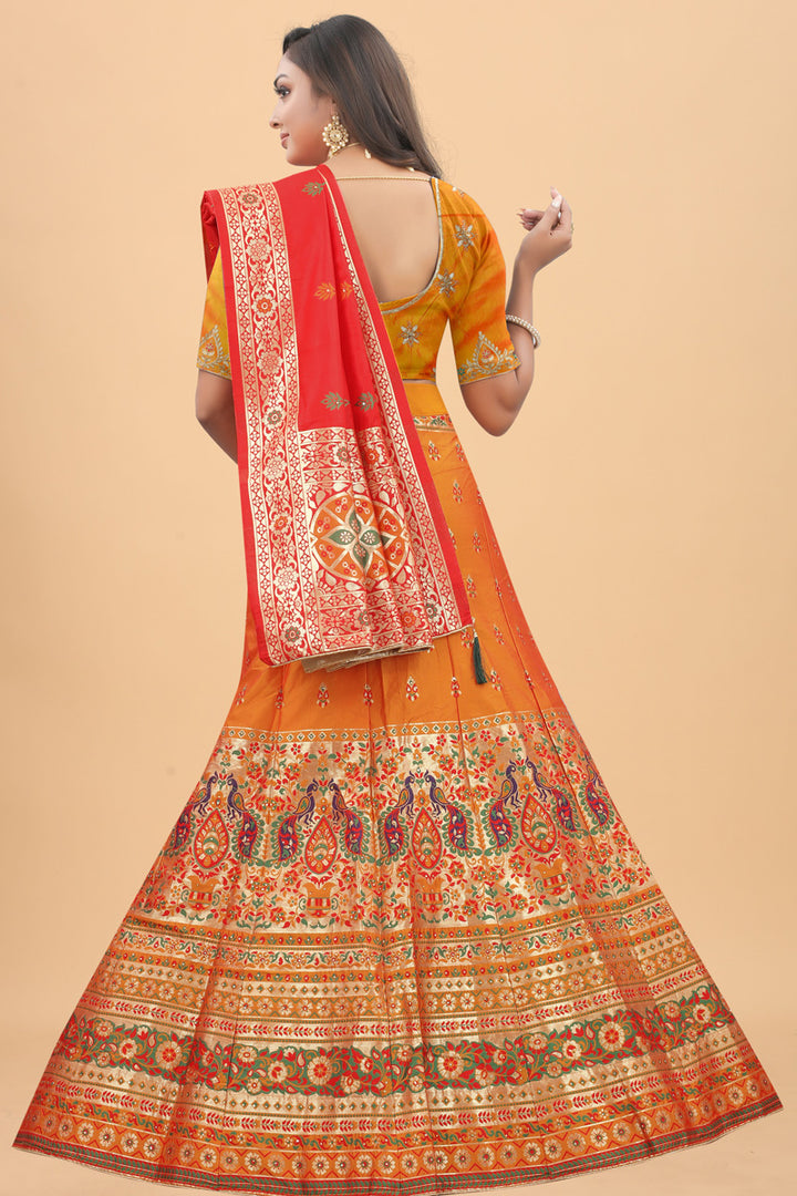 Orange Color Classic Banarasi Style Lehenga In Art Silk Fabric