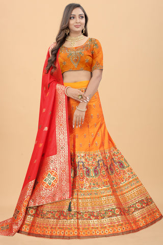 Orange Color Classic Banarasi Style Lehenga In Art Silk Fabric