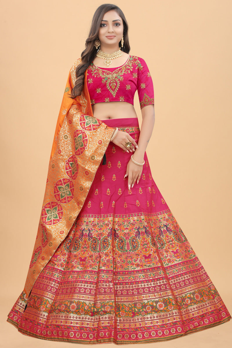 Rani Color Art Silk Fabric Bright Banarasi Style Lehenga