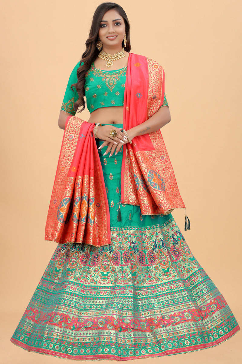 Sea Green Color Art Silk Fabric Charming Banarasi Style Lehenga