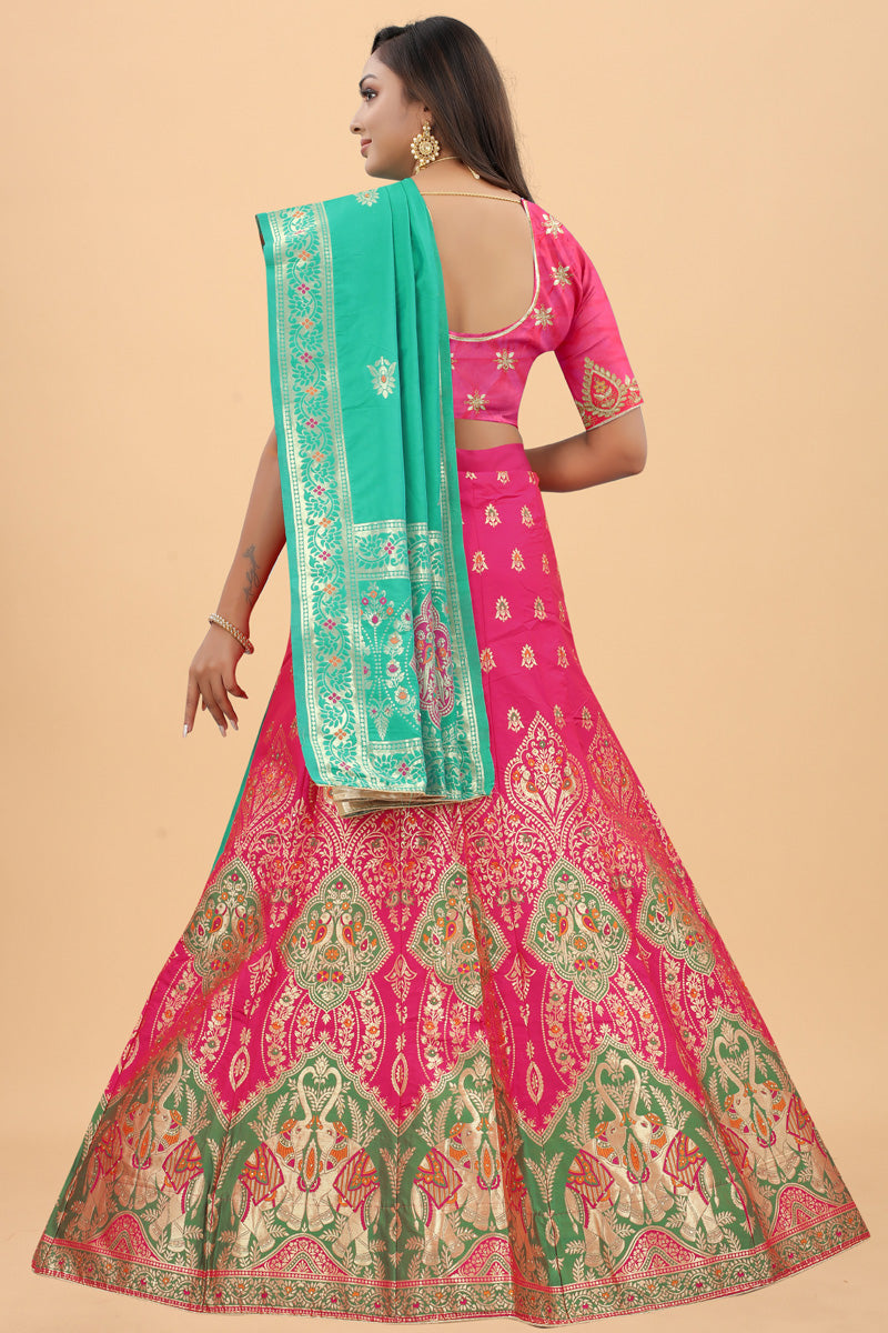 Art Silk Fabric Tempting Banarasi Style Lehenga In Rani Color