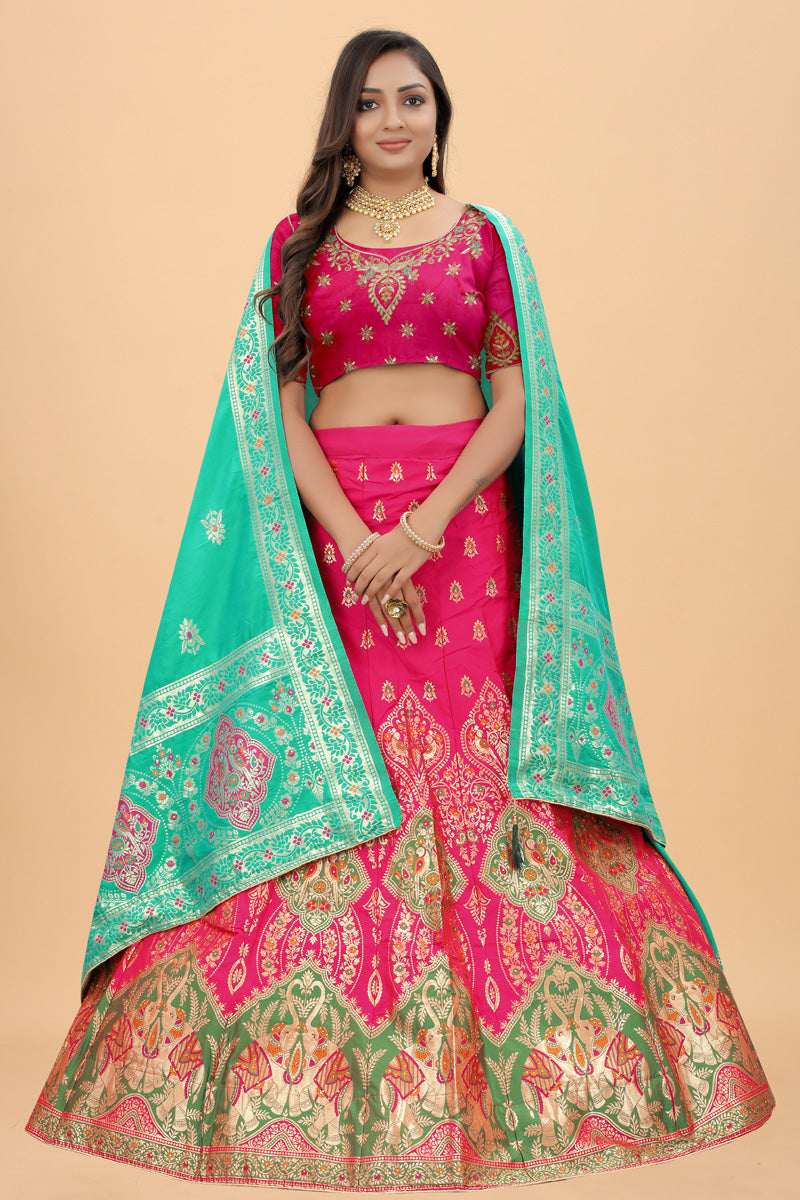 Art Silk Fabric Tempting Banarasi Style Lehenga In Rani Color