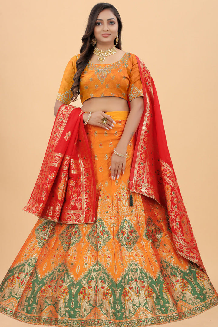 Orange Color Art Silk Fabric Beguiling Banarasi Style Lehenga