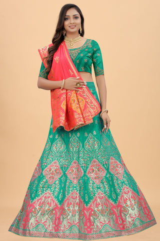 Green Color Art Silk Fabric Fabulous Banarasi Style Lehenga