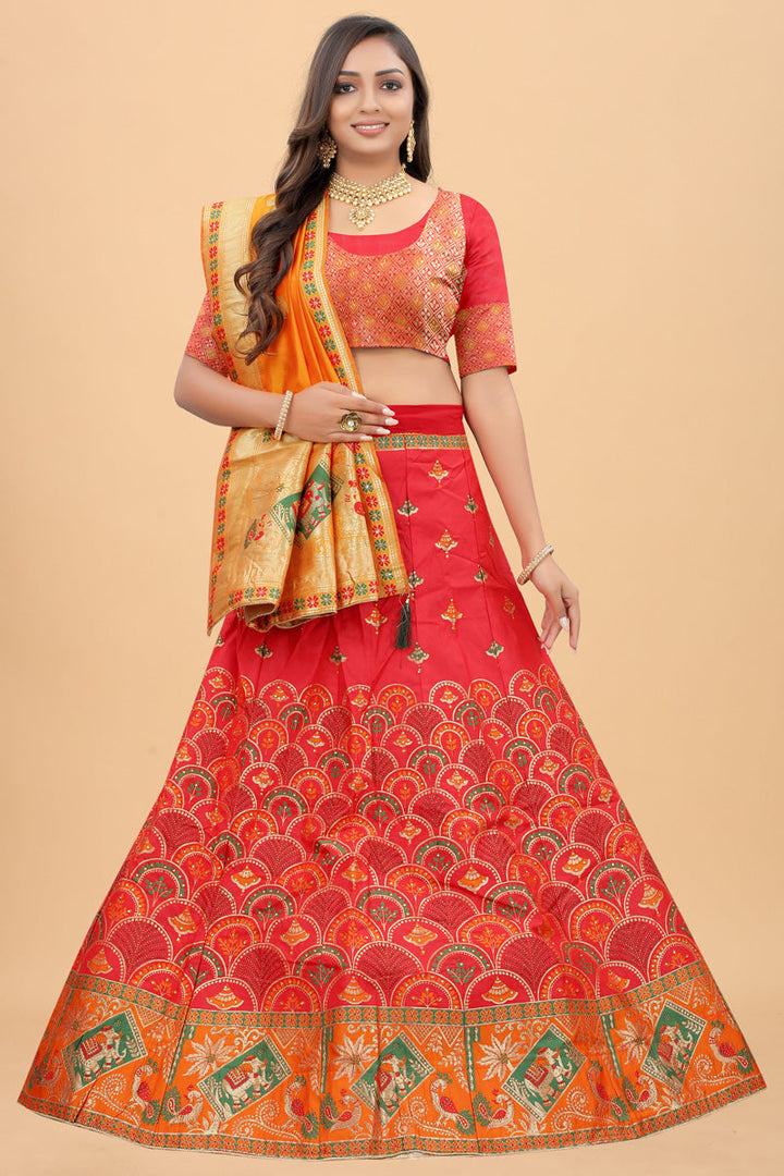 Alluring Red Color Function Wear Banarasi Silk Lehenga