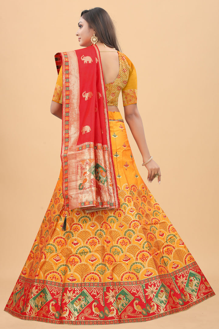 Elegant Function Wear Banarasi Silk Lehenga In Yellow Color