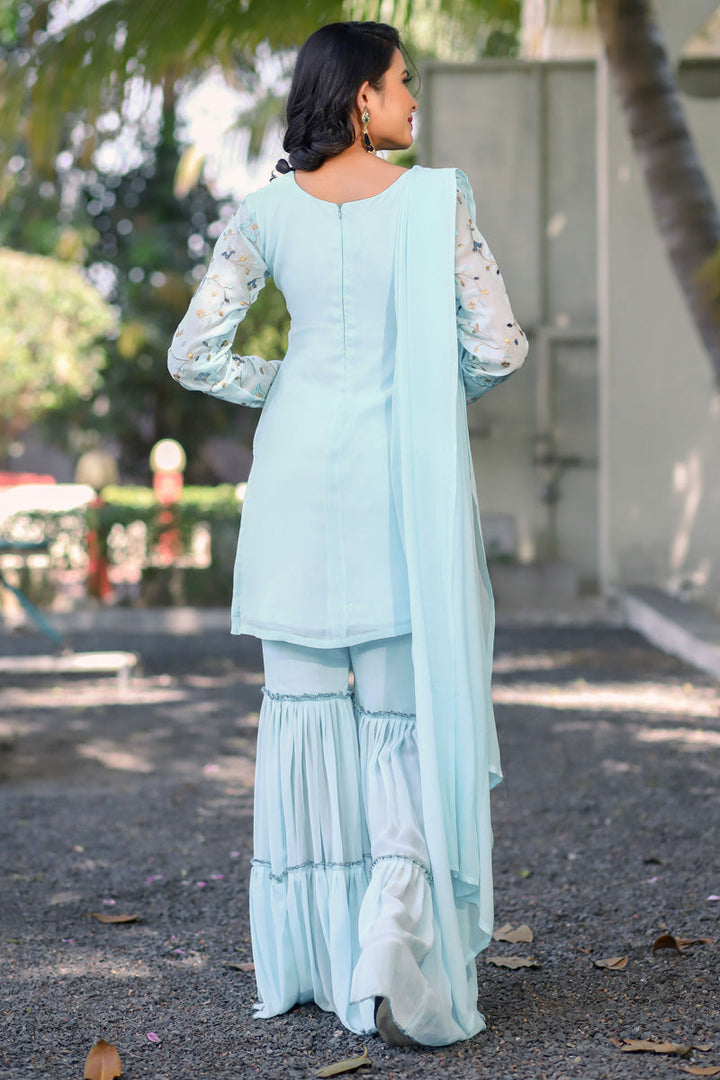 Incredible Embroidered Work On Georgette Fabric Light Cyan Color Sharara Suit
