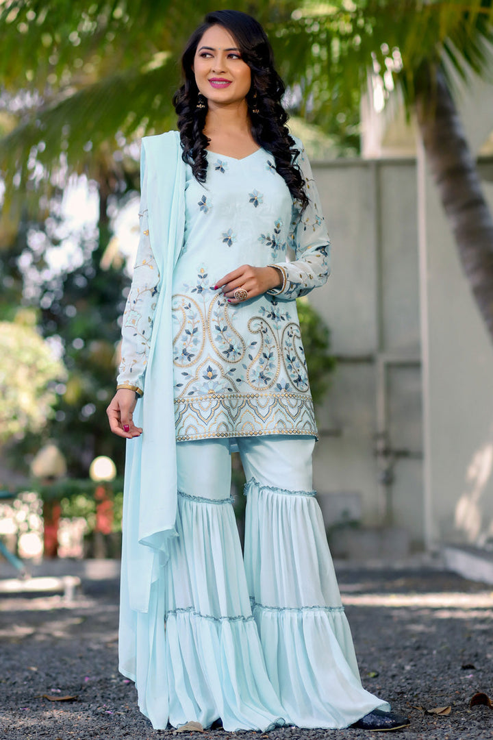 Incredible Embroidered Work On Georgette Fabric Light Cyan Color Sharara Suit