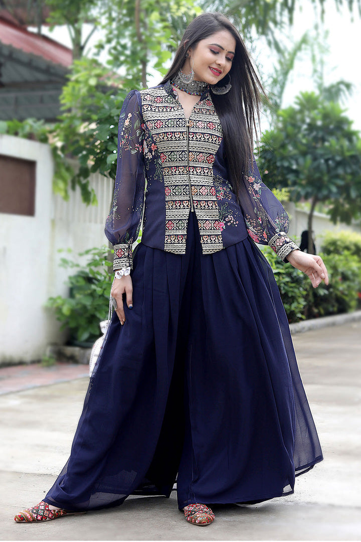 Amazing Navy Blue Color Georgette Fabric Sharara Suit With Embroidered Work