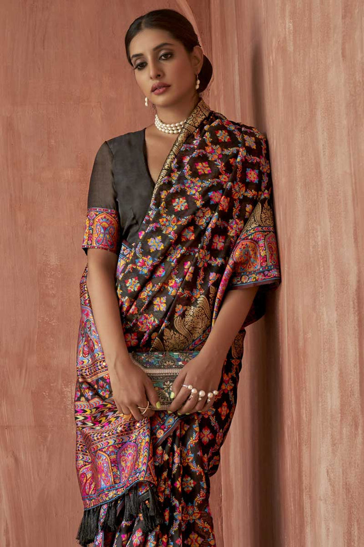 Printed Work On Pashmina Silk Fabric Black Color Sangeet Wear Lavish Saree