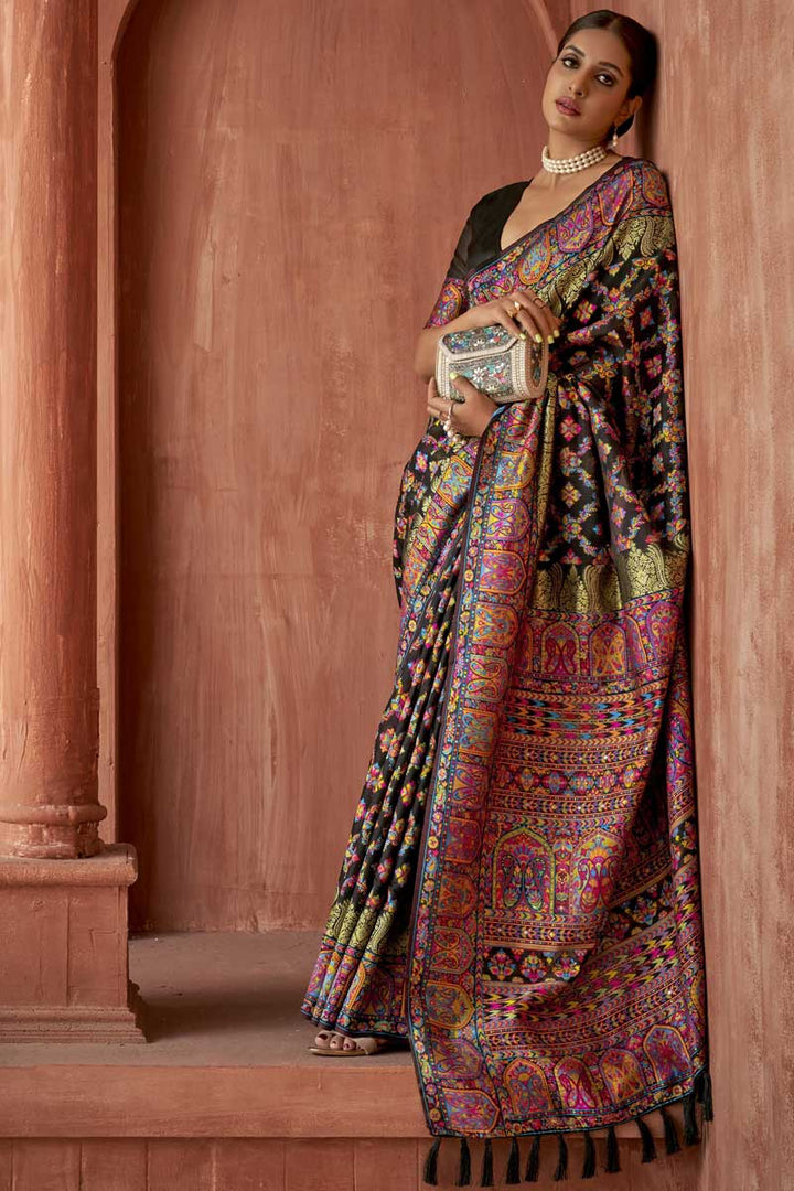 Printed Work On Pashmina Silk Fabric Black Color Sangeet Wear Lavish Saree