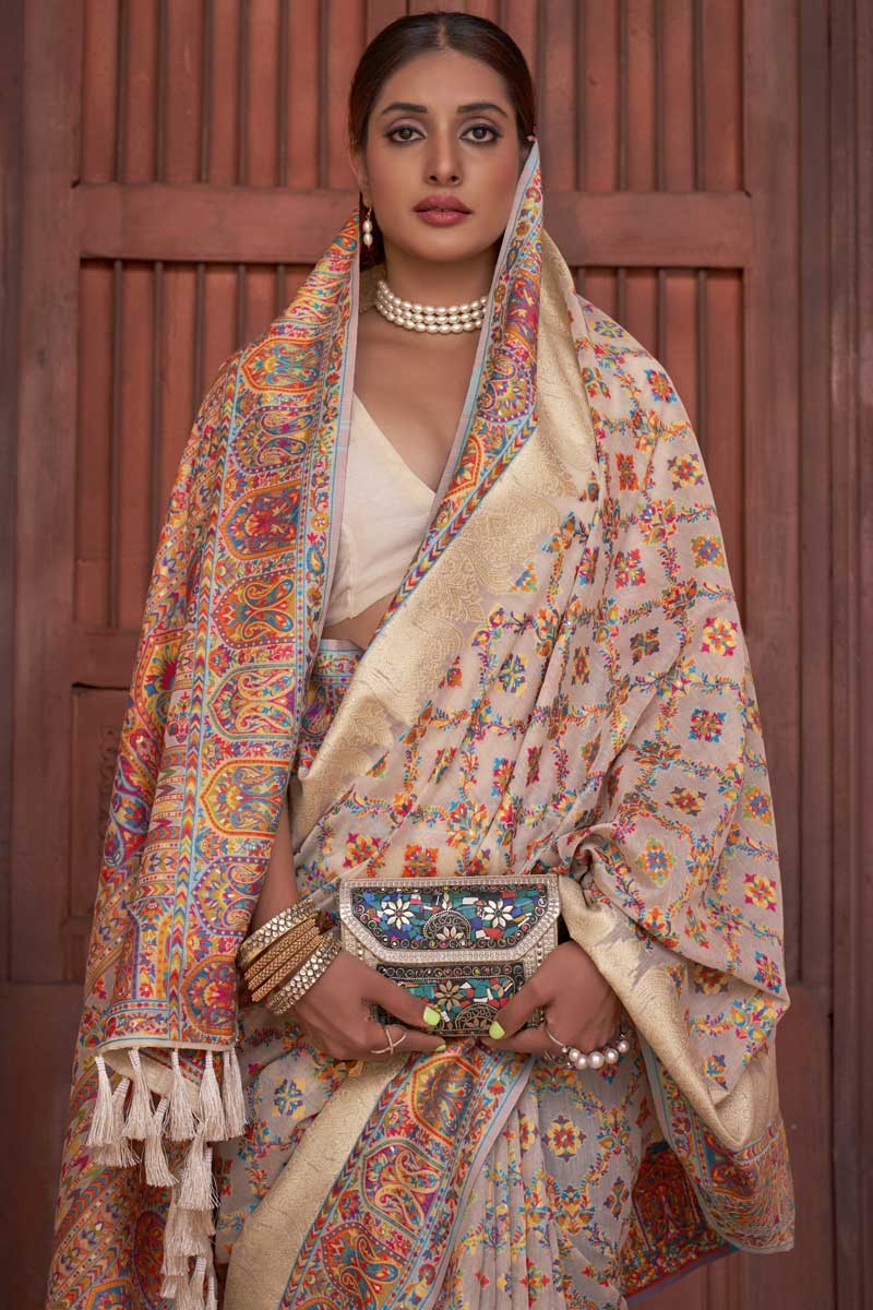 Printed Work On Off White Color Pashmina Silk Fabric Sangeet Wear Engrossing Saree