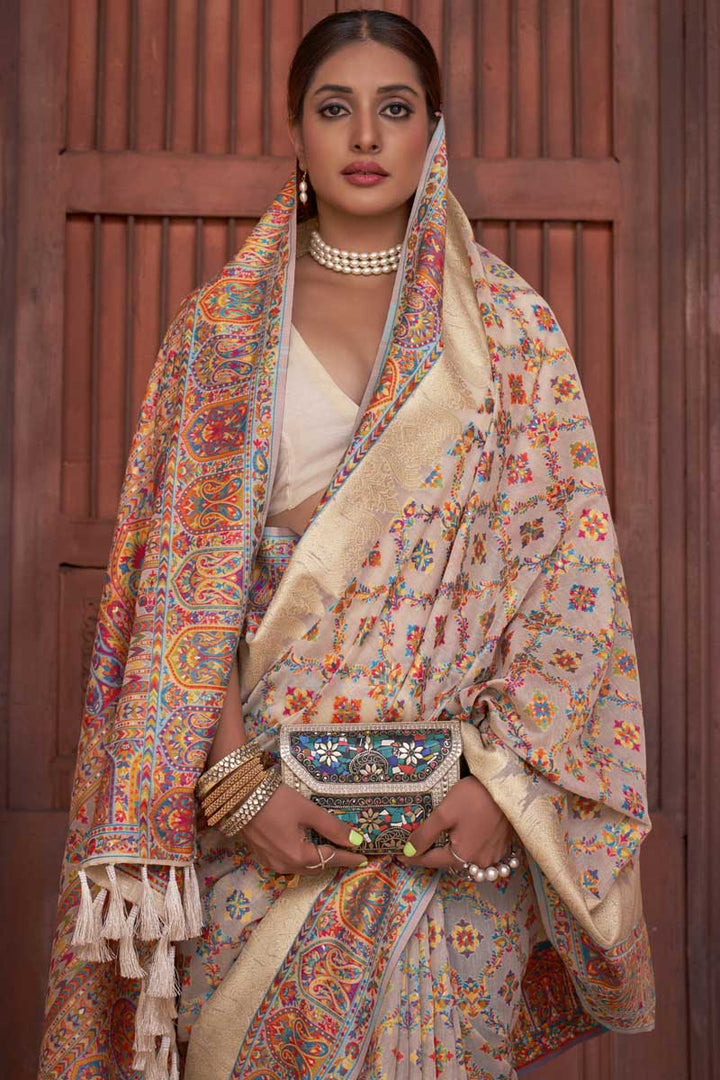 Printed Work On Off White Color Pashmina Silk Fabric Sangeet Wear Engrossing Saree