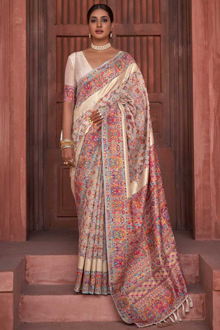 Printed Work On Off White Color Pashmina Silk Fabric Sangeet Wear Engrossing Saree