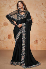 Load image into Gallery viewer, Crepe Silk Fabric Wedding Wear Sequins Work Saree In Black Color
