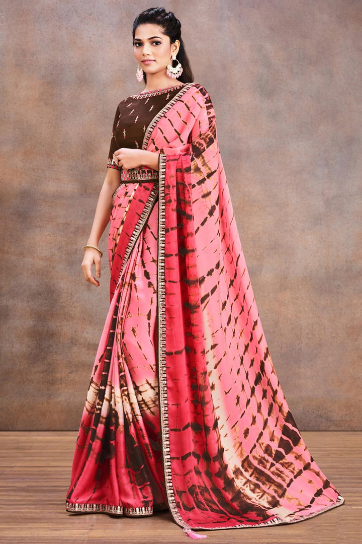 Pink Color Party Style Lace Work Aristocratic Saree In Satin Fabric