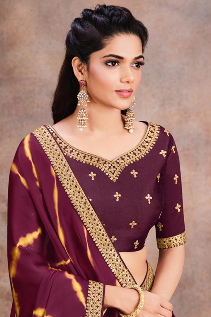 Satin Fabric Party Style Lace Work Beatific Saree In Brown Color