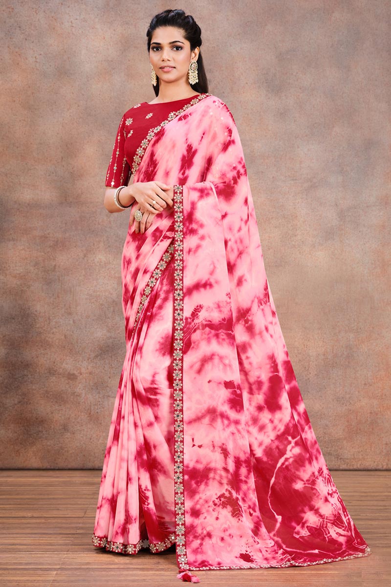 Pink Color Crepe Fabric Party Style Winsome Lace Work Saree