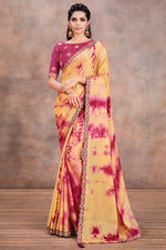 Load image into Gallery viewer, Yellow Color Party Style Lace Work Coveted Saree In Crepe Fabric
