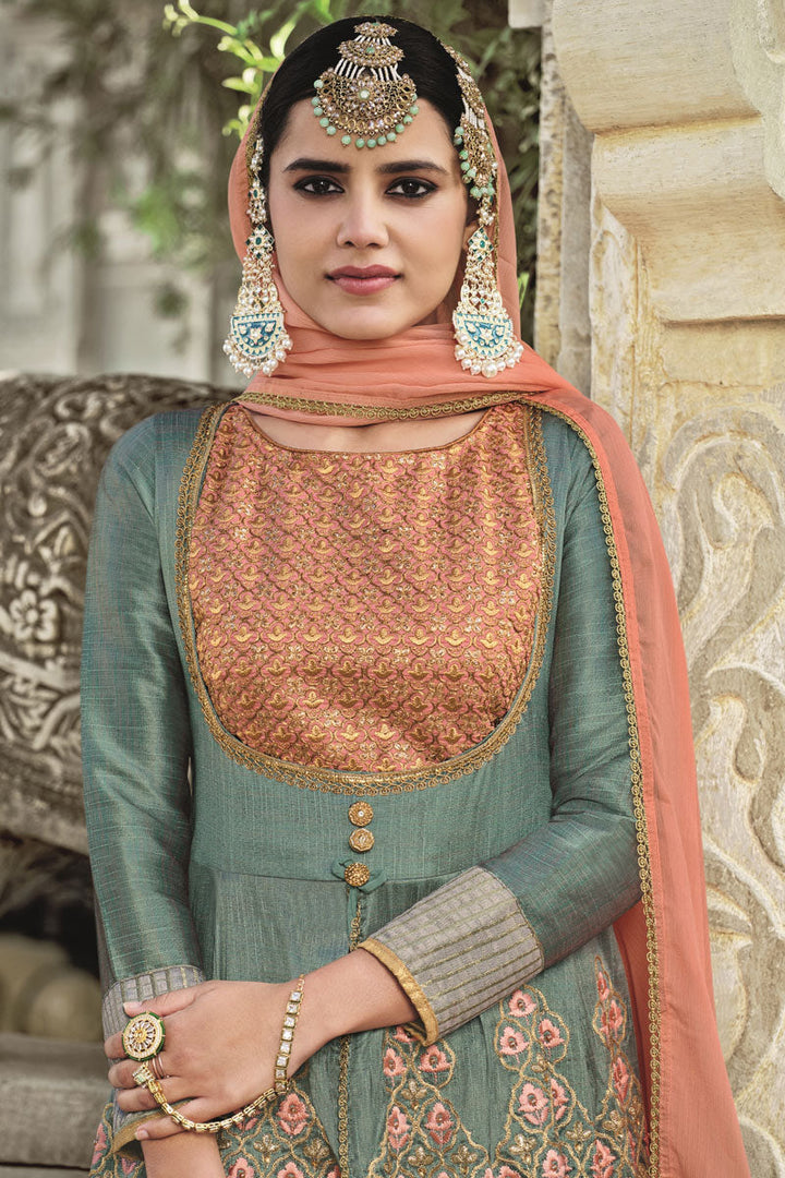 Alluring Grey Color Art Silk Fabric Function Wear Anarkali Suit With Embroidered Work