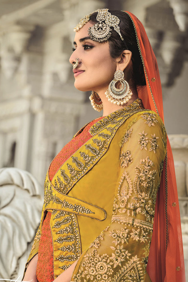 Art Silk Fabric Mustard Color Function Wear Sharara Top Lehenga With Embroidered Work