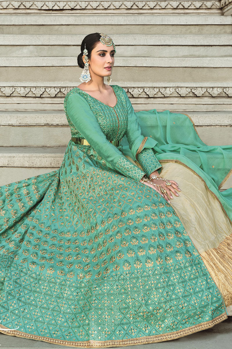 Function Wear Elegant Art Silk Fabric Sea Green Color Anarkali Suit With Embroidered Work