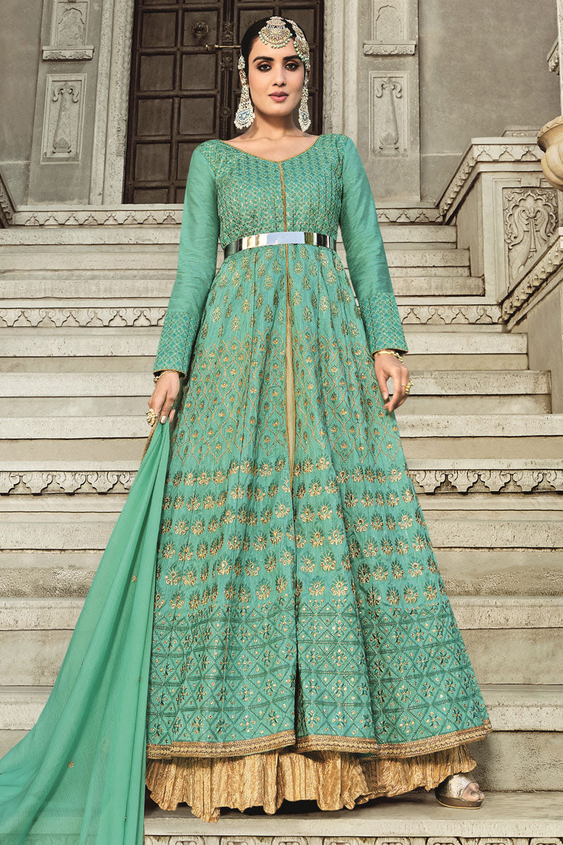 Function Wear Elegant Art Silk Fabric Sea Green Color Anarkali Suit With Embroidered Work