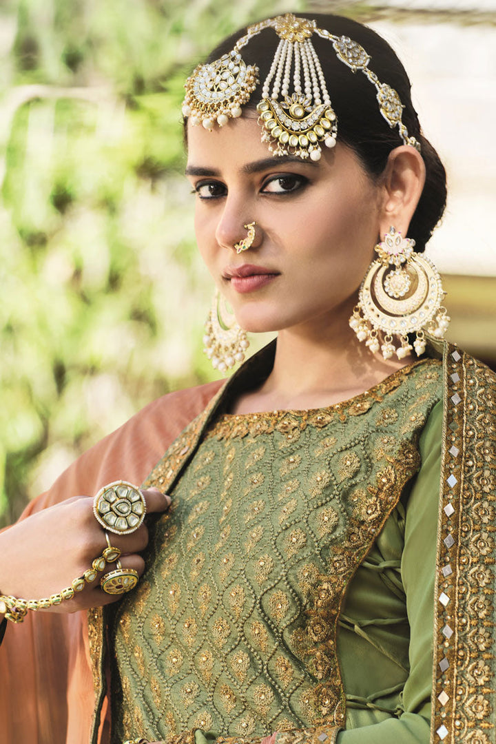 Excellent Georgette Fabric Green Color Designer Embroidered Anarkali Suit In Function Wear
