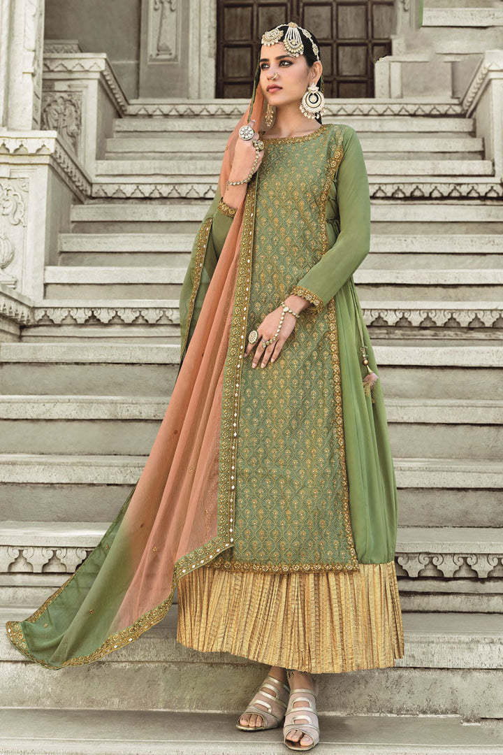Excellent Georgette Fabric Green Color Designer Embroidered Anarkali Suit In Function Wear
